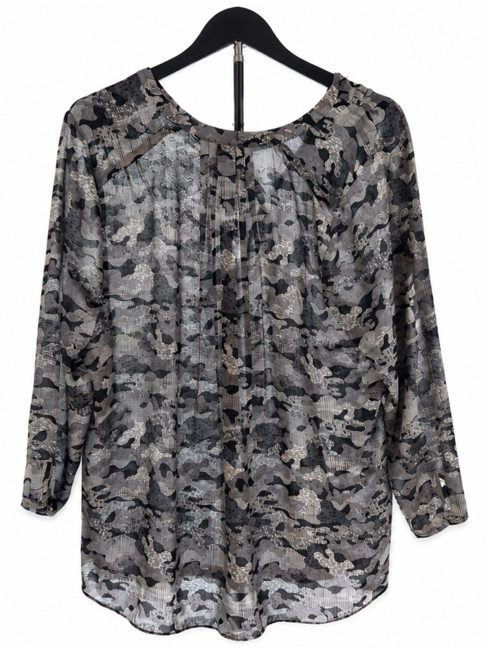 NYDJ Large Gray Abstract Camo Semi Sheer Tunic Blouse